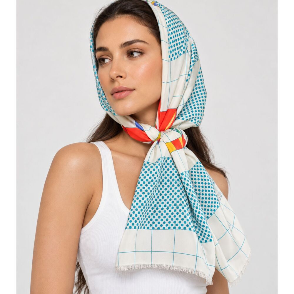 Vintage 100% Silk White Turquoise Polka Dot Scarf